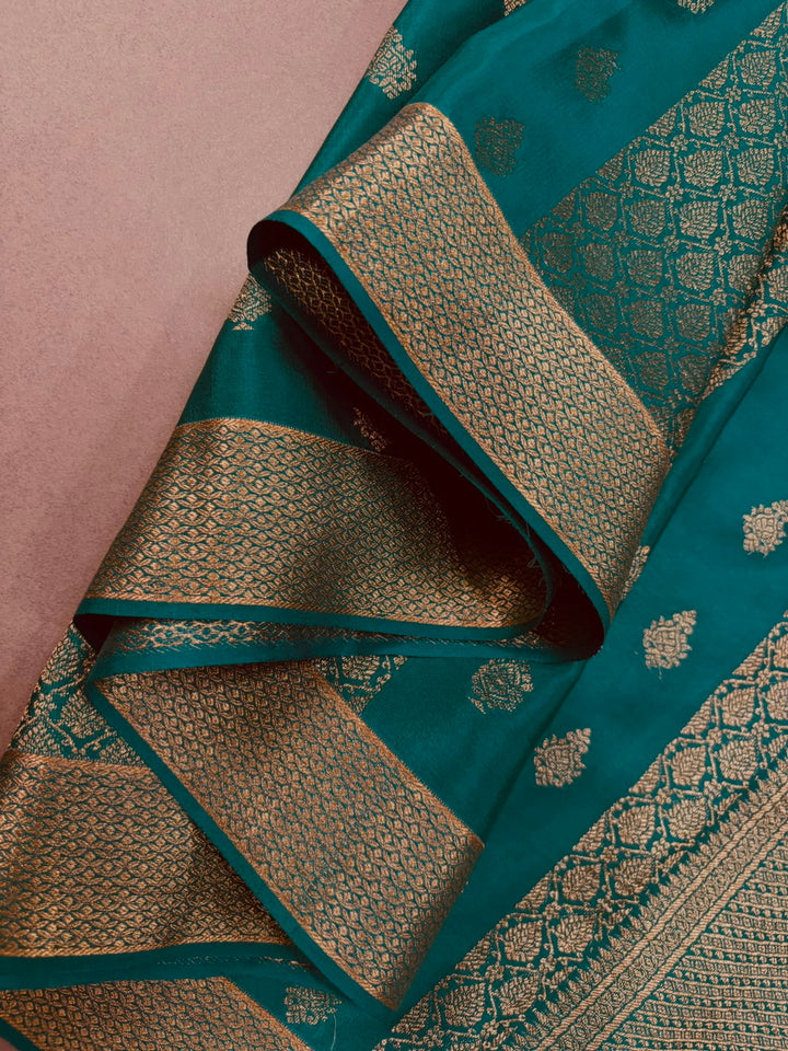 Rama Green Mysore Silk Saree with Brocade-Zari Buttas Grid Design and Minimal Zari Border | SILK MARK CERTIFIED | SHOBITAM