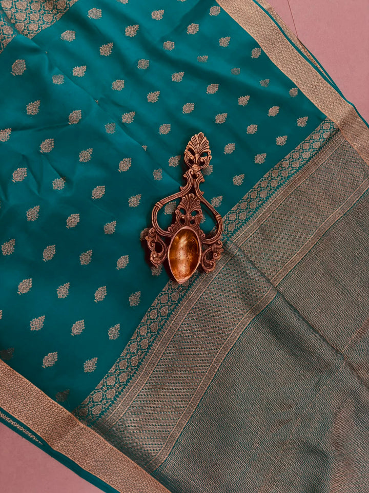 Rama Green Mysore Silk Saree with Brocade-Zari Buttas Grid Design and Minimal Zari Border | SILK MARK CERTIFIED | SHOBITAM