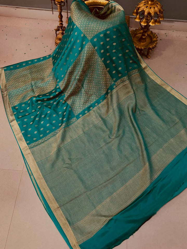 Rama Green Mysore Silk Saree with Brocade-Zari Buttas Grid Design and Minimal Zari Border | SILK MARK CERTIFIED | SHOBITAM