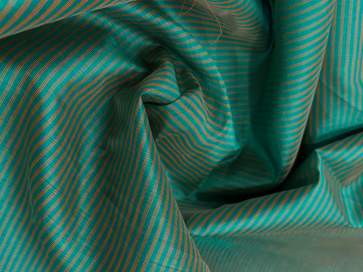 Sea Green Kanchi Silk Cotton Handloom Saree with Horizontal Stripes and Contrast Zari Border | SHOBITAM