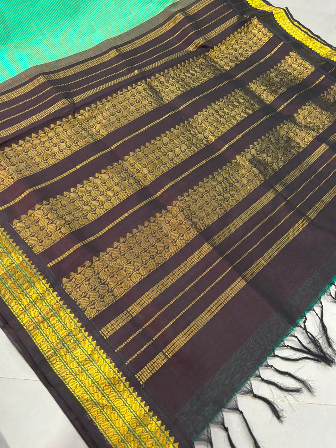 Sea Green Kanchi Silk Cotton Handloom Saree with Horizontal Stripes and Contrast Zari Border | SHOBITAM
