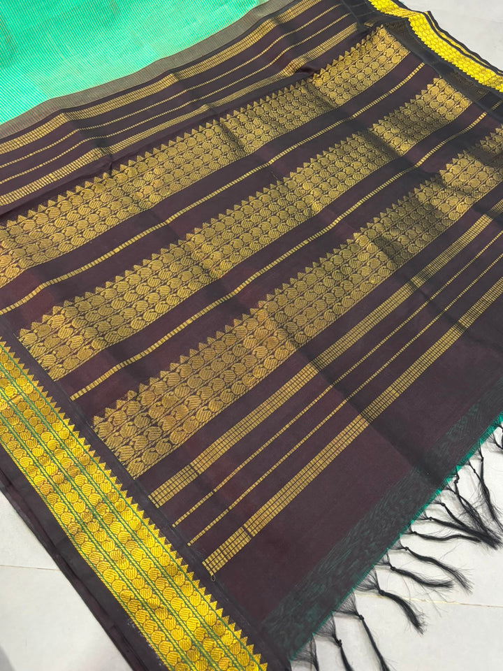 Sea Green Kanchi Silk Cotton Handloom Saree with Horizontal Stripes and Contrast Zari Border | SHOBITAM