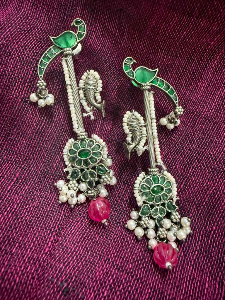 Kanmani Peacock Green & Pearl Statement Earrings | SHOBITAM