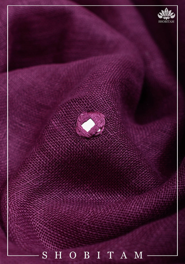 Jaali Pallu - Linen by Linen Cutwork and Mirrorwork Saree Purple and Zari Border