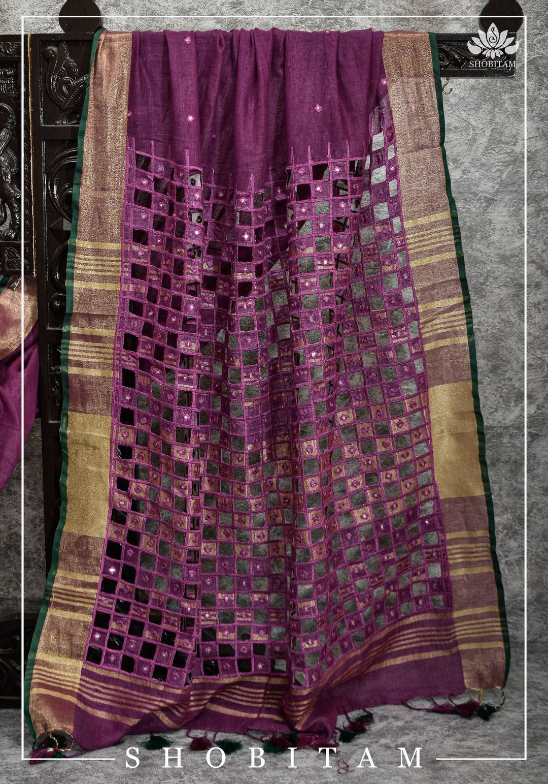 Jaali Pallu - Linen by Linen Cutwork and Mirrorwork Saree Purple and Zari Border