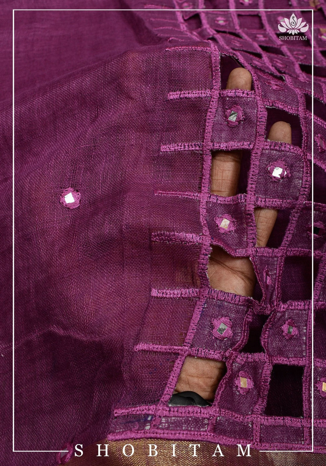 Jaali Pallu - Linen by Linen Cutwork and Mirrorwork Saree Purple and Zari Border