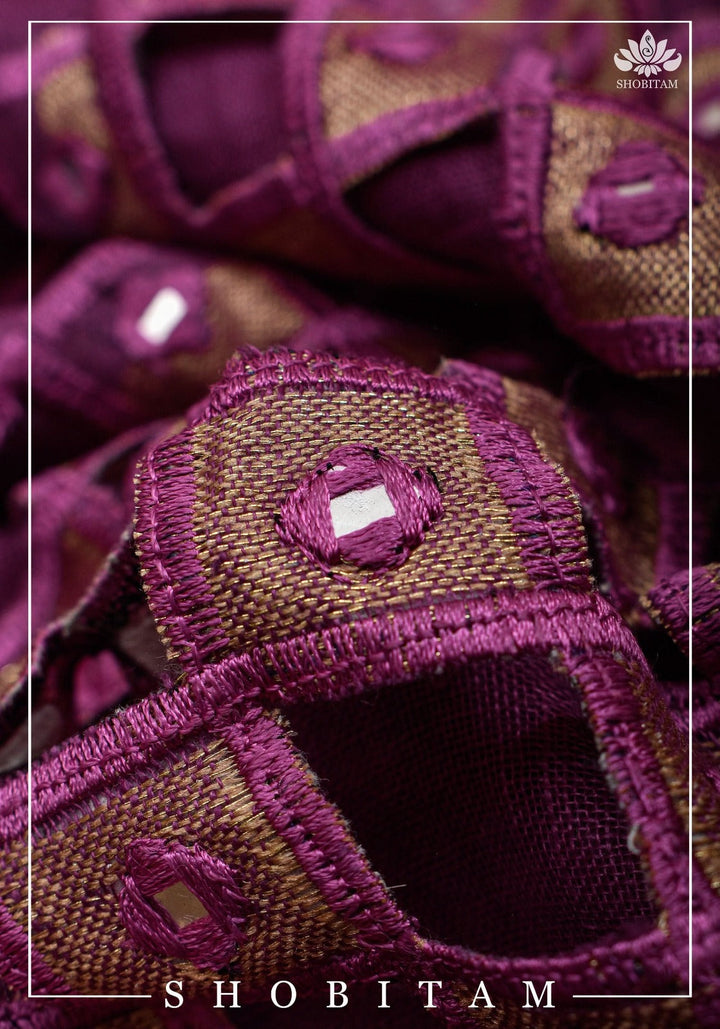 Jaali Pallu - Linen by Linen Cutwork and Mirrorwork Saree Purple and Zari Border