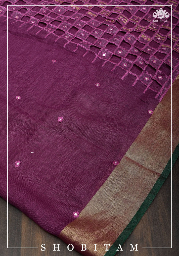 Jaali Pallu - Linen by Linen Cutwork and Mirrorwork Saree Purple and Zari Border
