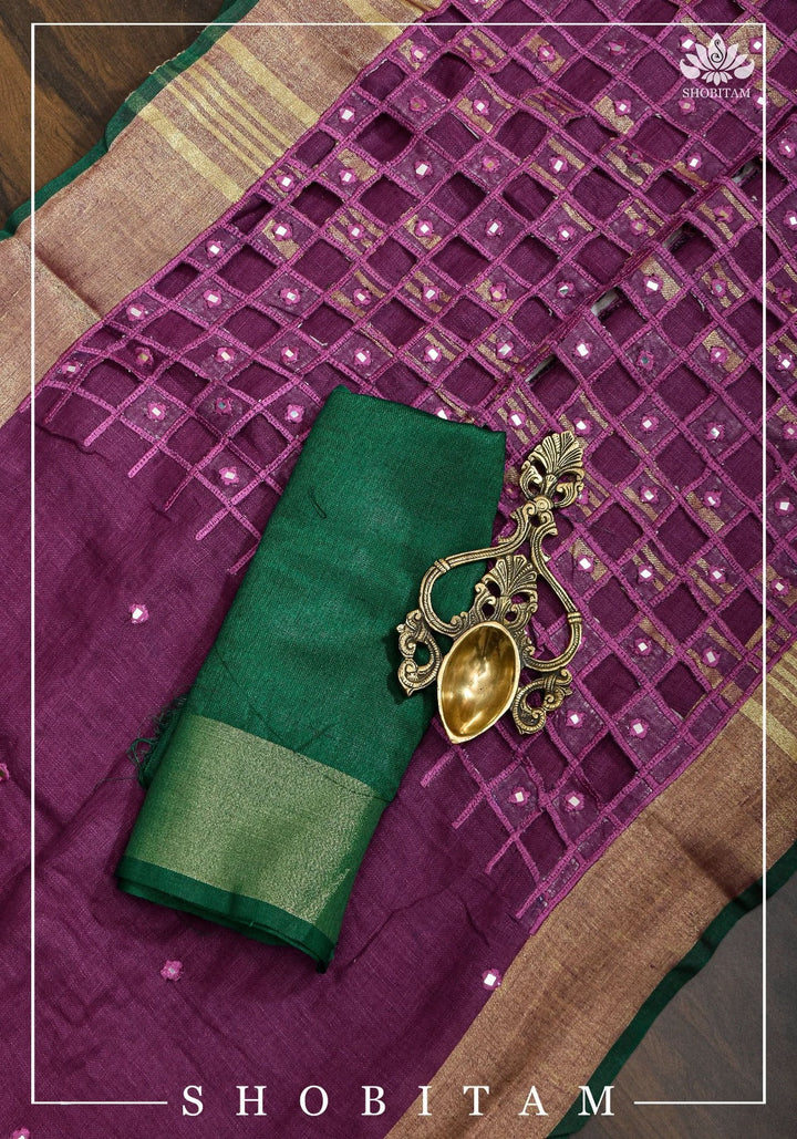 Jaali Pallu - Linen by Linen Cutwork and Mirrorwork Saree Purple and Zari Border