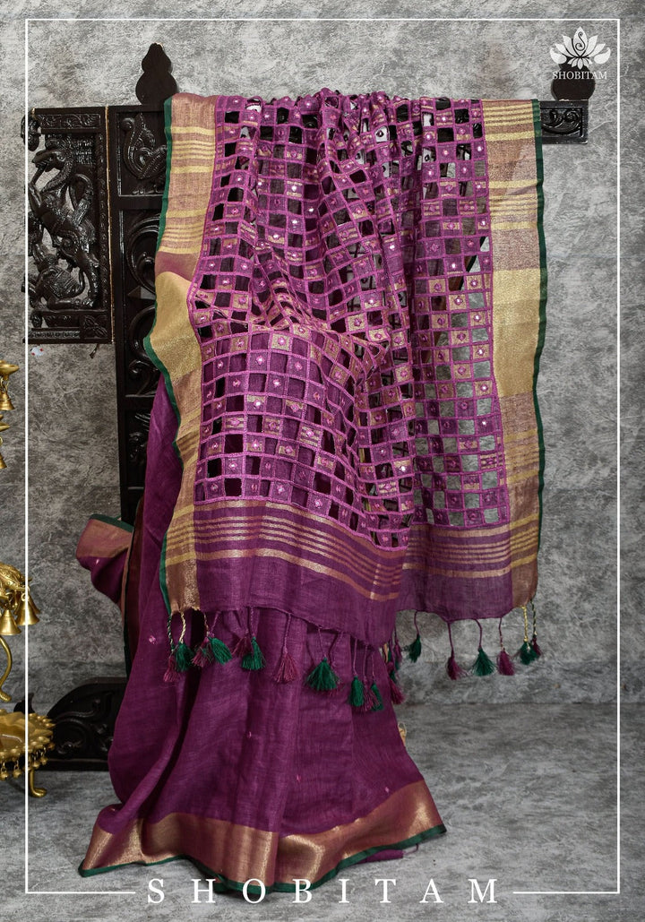 Jaali Pallu - Linen by Linen Cutwork and Mirrorwork Saree Purple and Zari Border