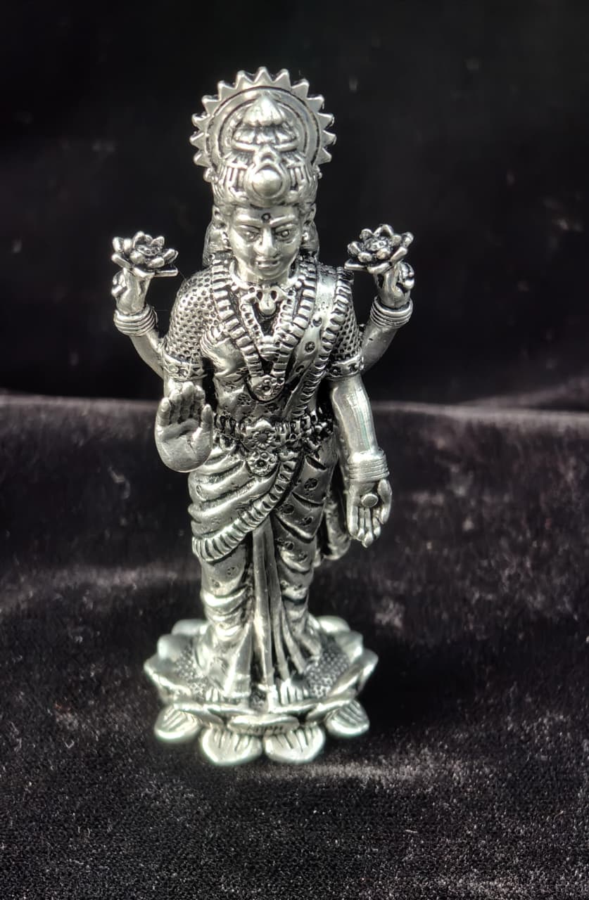 Pure 92.5 silver 4” idol of Goddess Lakshmi in Standing Blessing Pos on Lotus | SHOBITAM