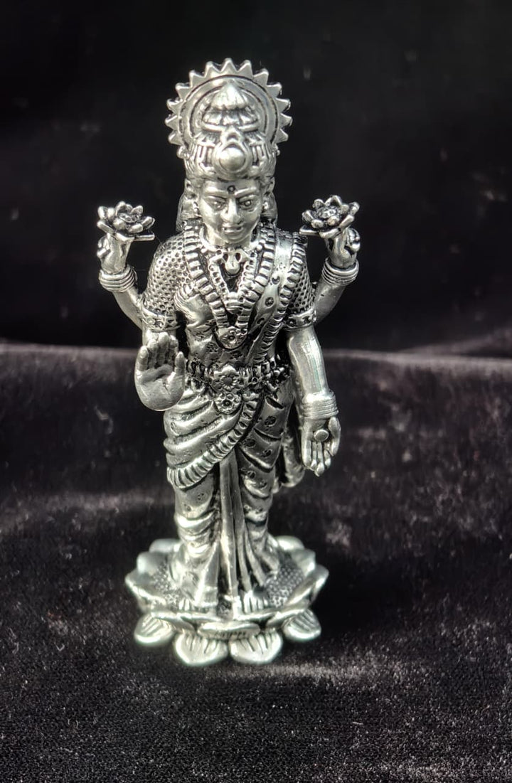 Pure 92.5 silver 4” idol of Goddess Lakshmi in Standing Blessing Pos on Lotus | SHOBITAM