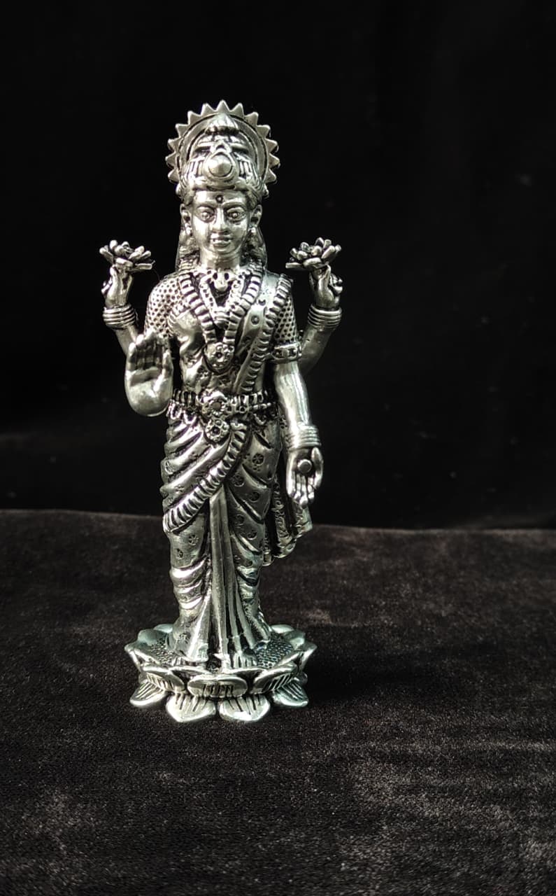 Pure 92.5 silver 4” idol of Goddess Lakshmi in Standing Blessing Pos on Lotus | SHOBITAM