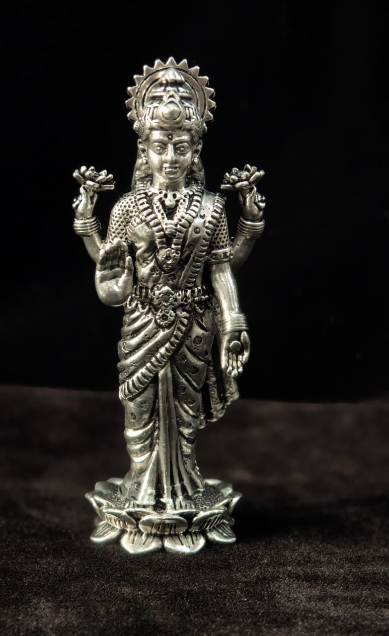 Pure 92.5 silver 4” idol of Goddess Lakshmi in Standing Blessing Pos on Lotus | SHOBITAM