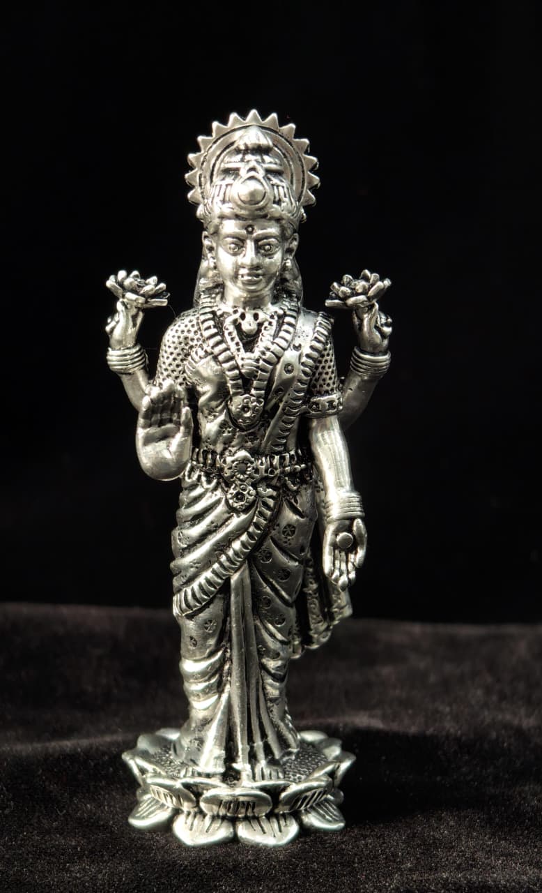 Pure 92.5 silver 4” idol of Goddess Lakshmi in Standing Blessing Pos on Lotus | SHOBITAM