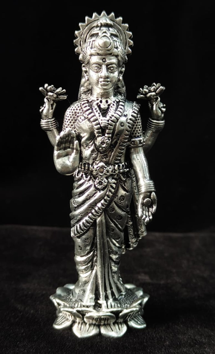 Pure 92.5 silver 4” idol of Goddess Lakshmi in Standing Blessing Pos on Lotus | SHOBITAM