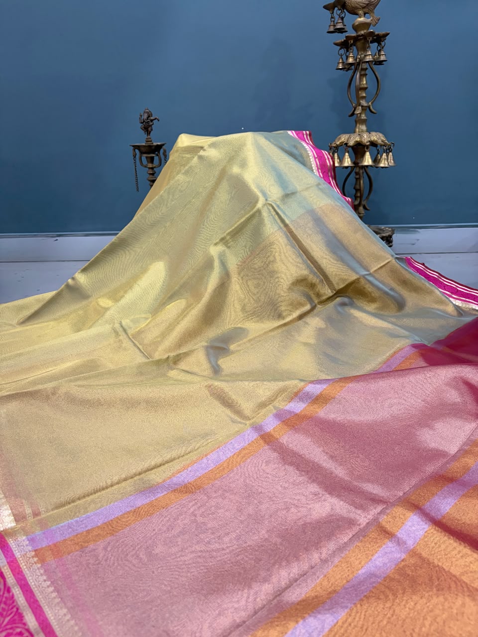 Sage Green Tissue Art Silk Saree with Contrast Thread Border | SHOBITAM