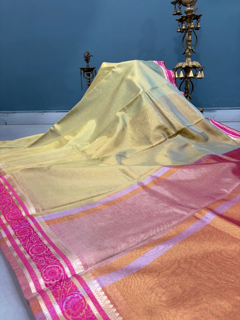 Sage Green Tissue Art Silk Saree with Contrast Thread Border | SHOBITAM