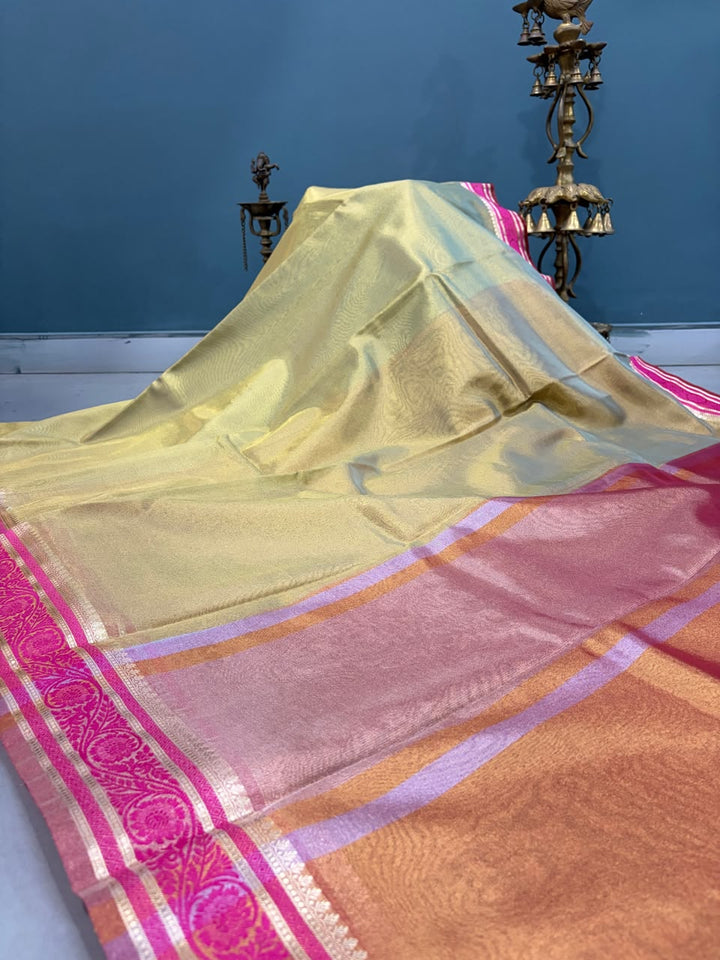 Sage Green Tissue Art Silk Saree with Contrast Thread Border | SHOBITAM