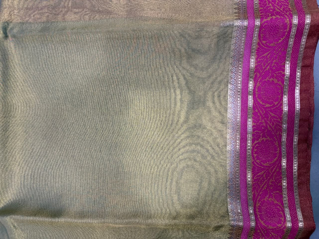 Sage Green Tissue Art Silk Saree with Contrast Thread Border | SHOBITAM