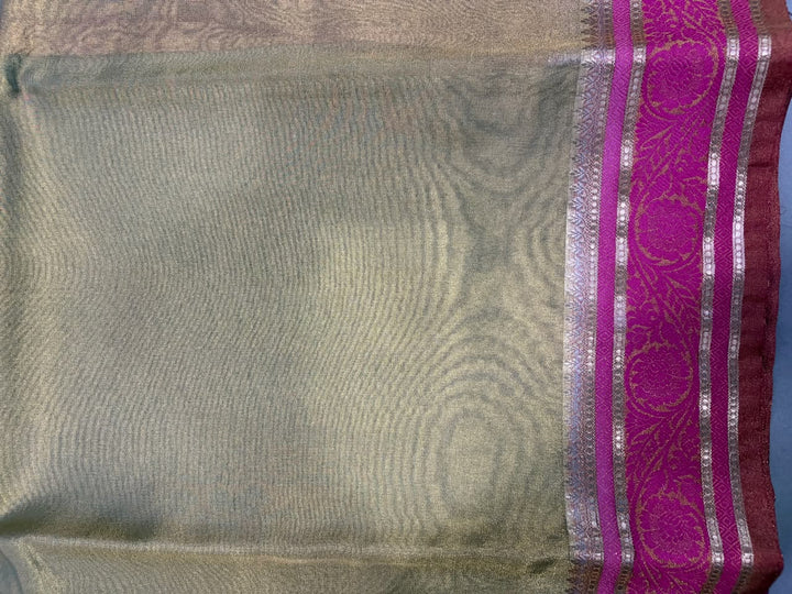 Sage Green Tissue Art Silk Saree with Contrast Thread Border | SHOBITAM