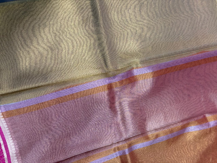 Sage Green Tissue Art Silk Saree with Contrast Thread Border | SHOBITAM