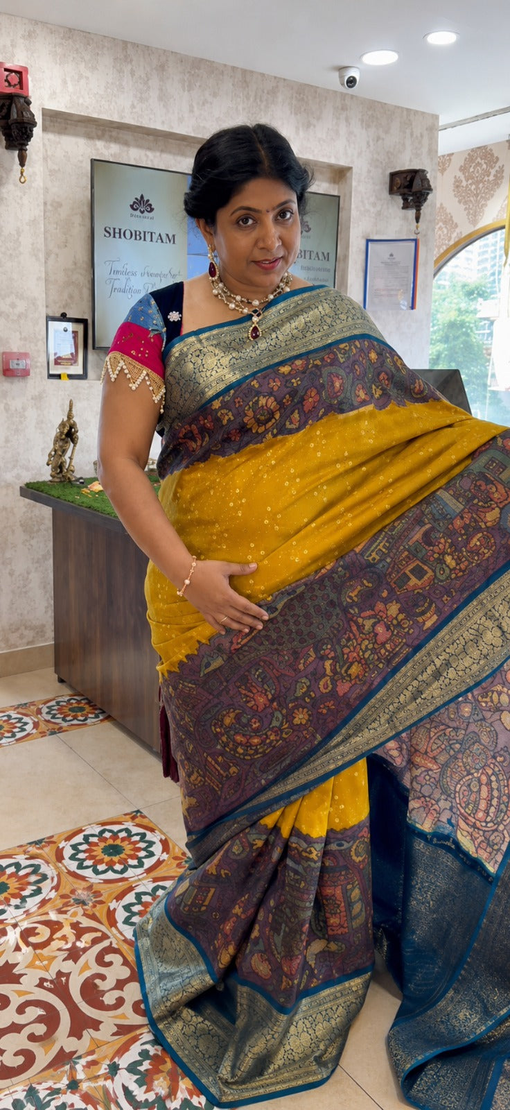 Mustard Yellow Self Brocade-Bandhni Design on Pure Kanjivaram Silk Jugalbandi Saree with Pen Kalamkari Panel and Contrast Zari Border | SILK MARK CERTIFIED | SHOBITAM