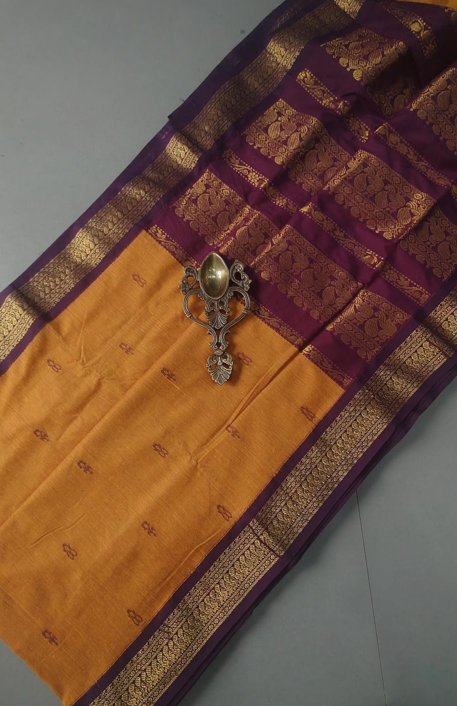 Mustard Yellow Cotton Silk Saree with Thread Buttas and Contrast Zari Border | SHOBITAM