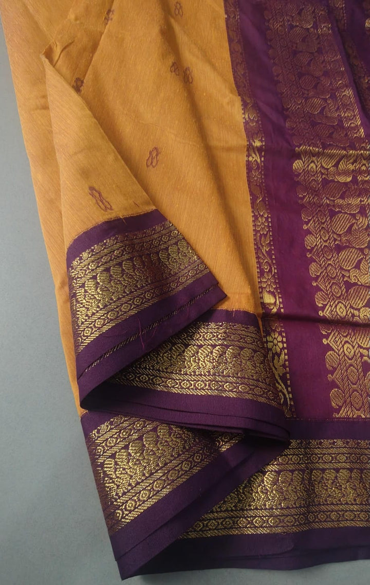 Mustard Yellow Cotton Silk Saree with Thread Buttas and Contrast Zari Border | SHOBITAM