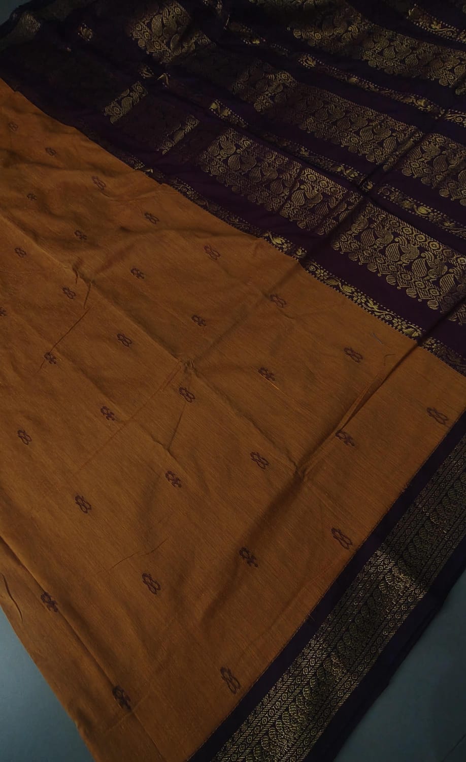 Mustard Yellow Cotton Silk Saree with Thread Buttas and Contrast Zari Border | SHOBITAM