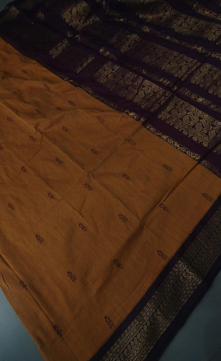 Mustard Yellow Cotton Silk Saree with Thread Buttas and Contrast Zari Border | SHOBITAM