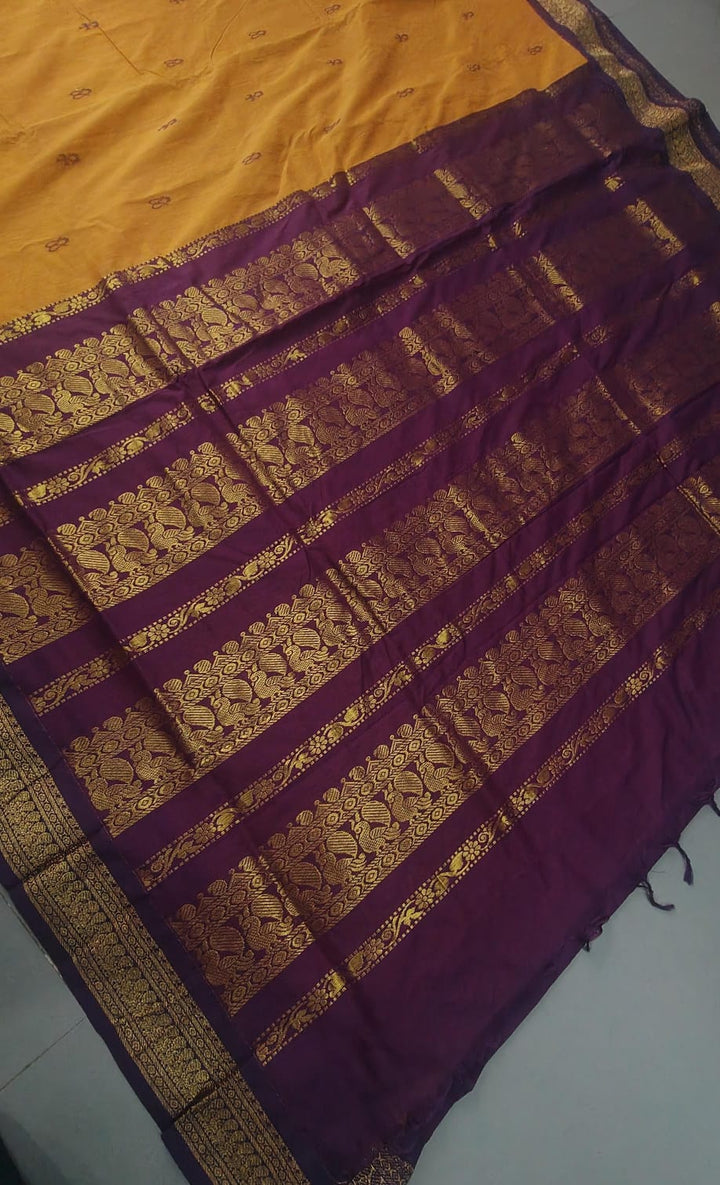 Mustard Yellow Cotton Silk Saree with Thread Buttas and Contrast Zari Border | SHOBITAM