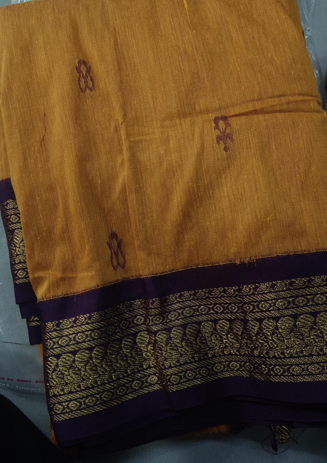 Mustard Yellow Cotton Silk Saree with Thread Buttas and Contrast Zari Border | SHOBITAM