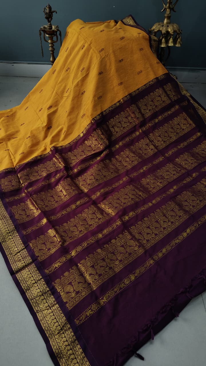 Mustard Yellow Cotton Silk Saree with Thread Buttas and Contrast Zari Border | SHOBITAM
