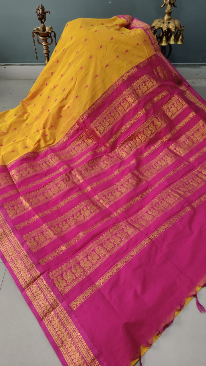 Methi Yellow Dual Tone Cotton Silk Saree with Thread Buttas and Contrast Zari Border | SHOBITAM