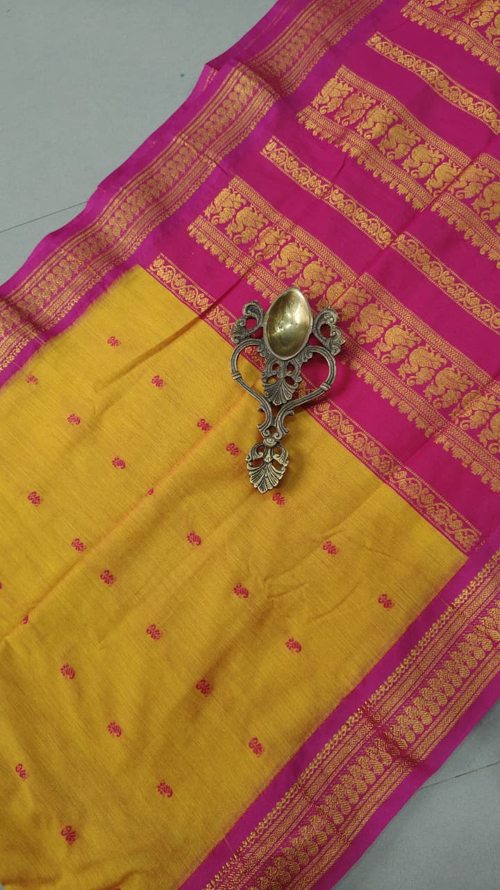 Methi Yellow Dual Tone Cotton Silk Saree with Thread Buttas and Contrast Zari Border | SHOBITAM