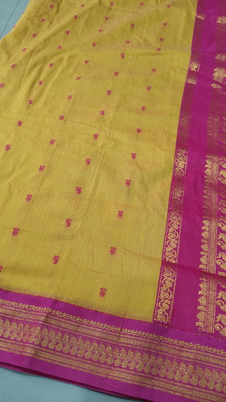 Methi Yellow Dual Tone Cotton Silk Saree with Thread Buttas and Contrast Zari Border | SHOBITAM