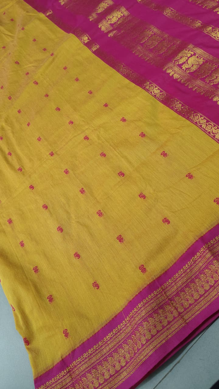 Methi Yellow Dual Tone Cotton Silk Saree with Thread Buttas and Contrast Zari Border | SHOBITAM