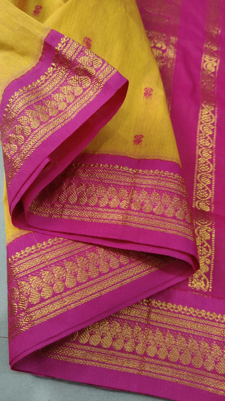 Methi Yellow Dual Tone Cotton Silk Saree with Thread Buttas and Contrast Zari Border | SHOBITAM