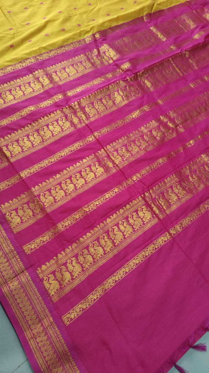 Methi Yellow Dual Tone Cotton Silk Saree with Thread Buttas and Contrast Zari Border | SHOBITAM