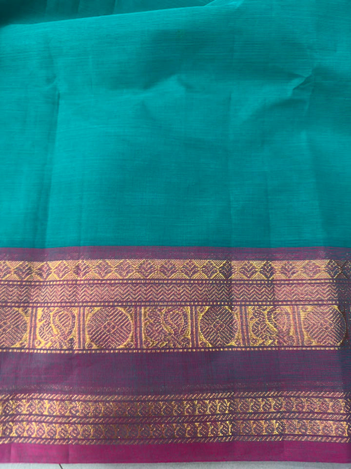 Rama Green Kanchi Cotton Saree with Thread Buttas and Contrast Zari Borders | SHOBITAM