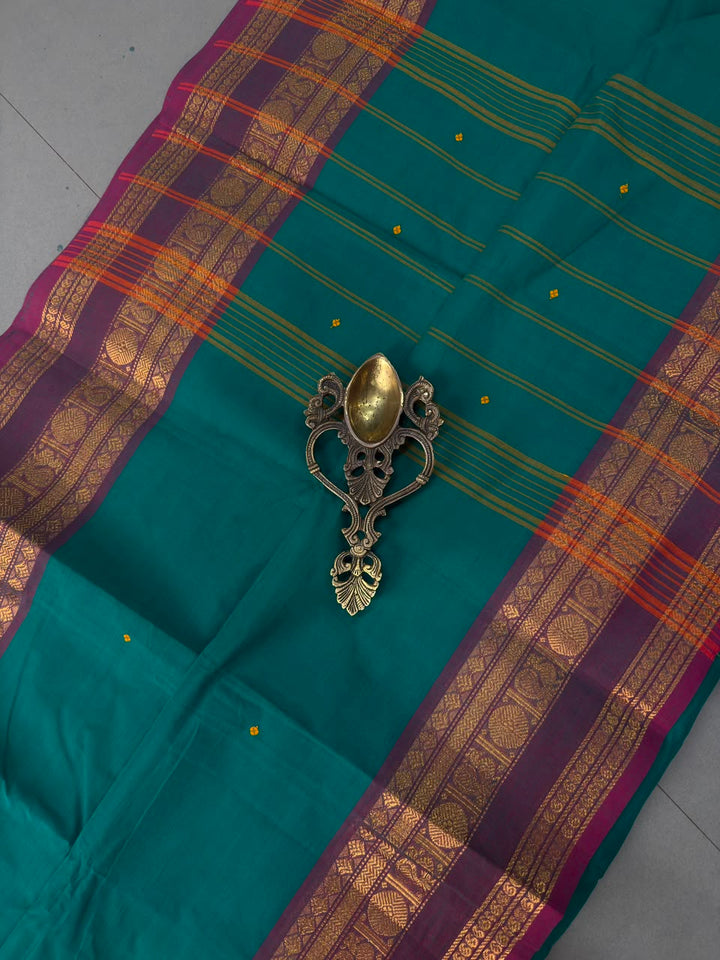 Rama Green Kanchi Cotton Saree with Thread Buttas and Contrast Zari Borders | SHOBITAM
