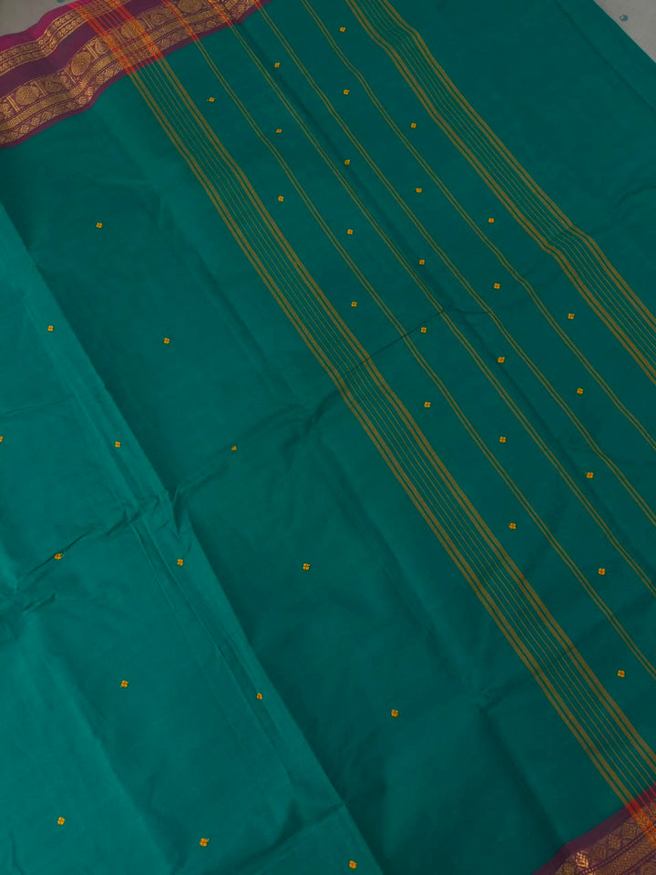 Rama Green Kanchi Cotton Saree with Thread Buttas and Contrast Zari Borders | SHOBITAM