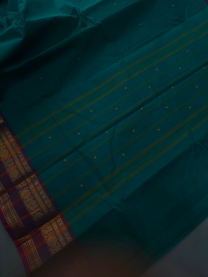 Rama Green Kanchi Cotton Saree with Thread Buttas and Contrast Zari Borders | SHOBITAM
