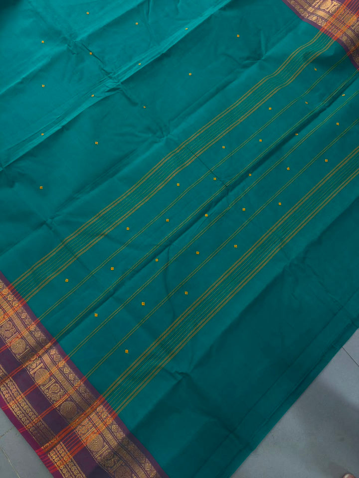 Rama Green Kanchi Cotton Saree with Thread Buttas and Contrast Zari Borders | SHOBITAM