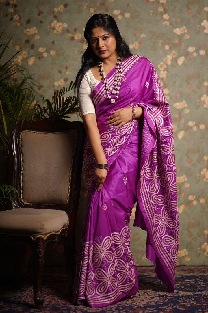 Violet Pure Silk Hand Kantha Embroidery with large florals Saree | SHOBITAM | Silk Mark Certified