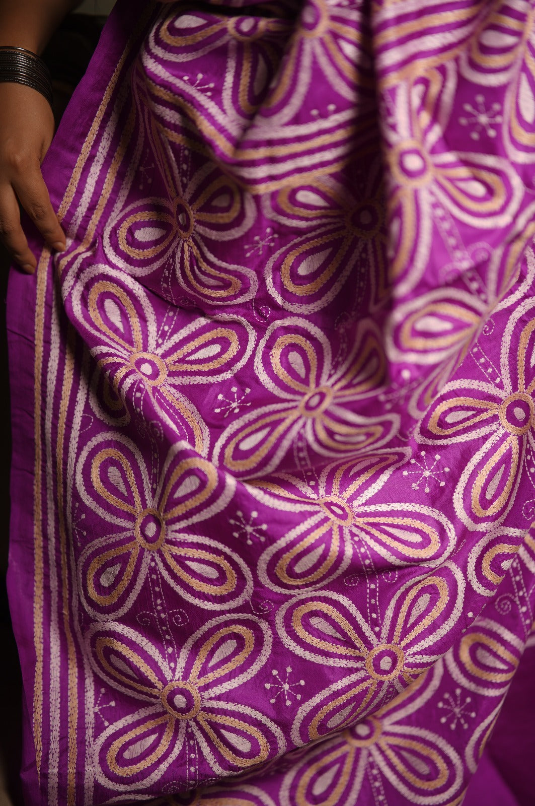 Violet Pure Silk Hand Kantha Embroidery with large florals Saree | SHOBITAM | Silk Mark Certified