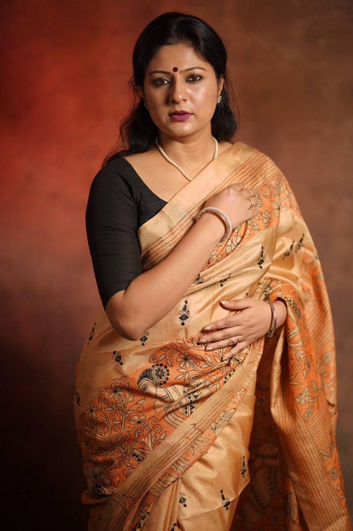 Sandalwood Pure silk saree with Guri Run Kantha | SHOBITAM | Silk Mark Certified