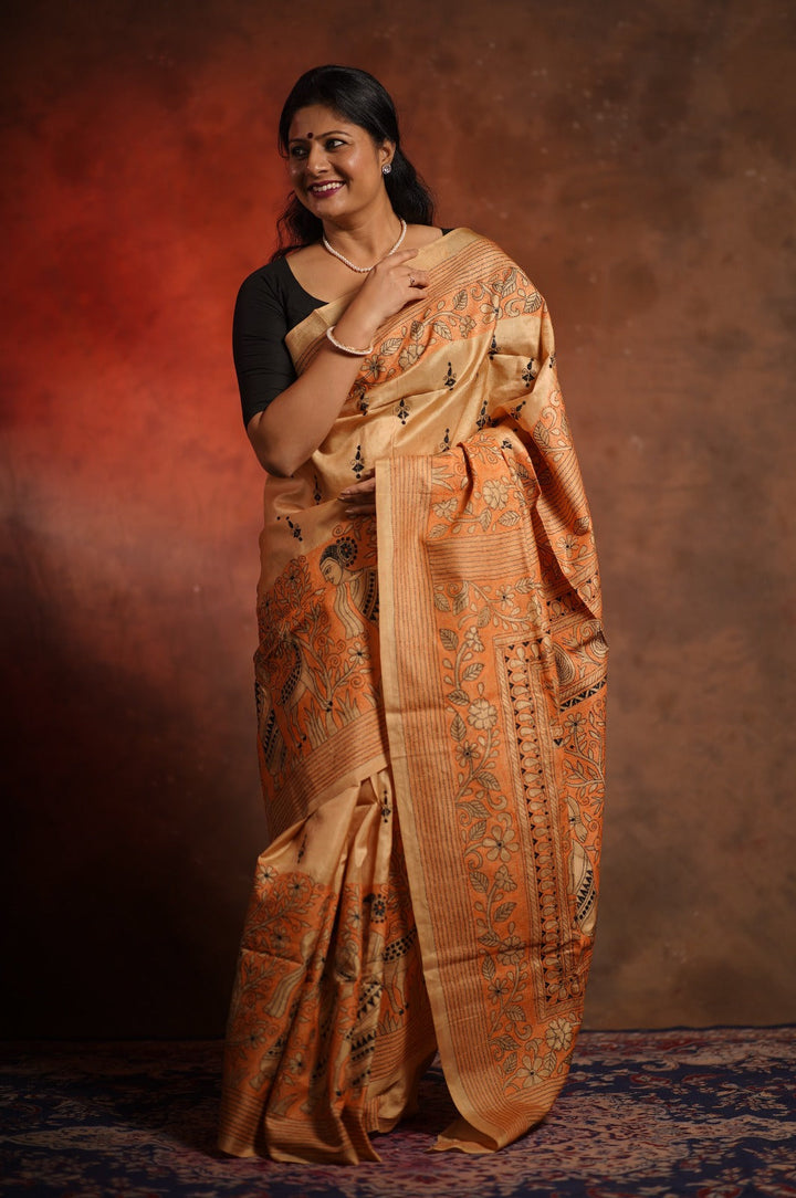 Sandalwood Pure silk saree with Guri Run Kantha | SHOBITAM | Silk Mark Certified
