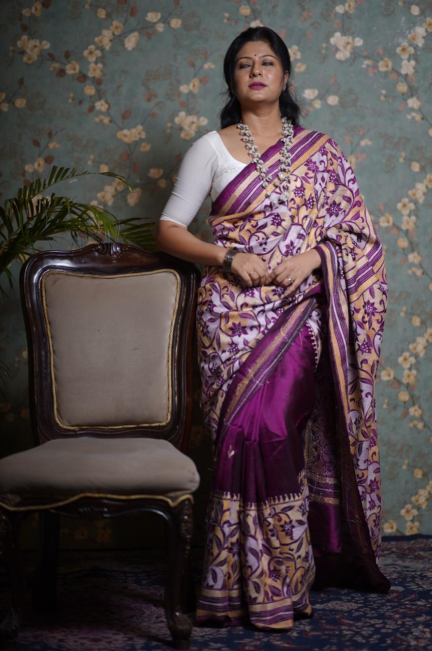 Exotic Reverse Kantha Hand Embroidery on Pure Silk in Plum Saree | SILK MARK CERTIFIED